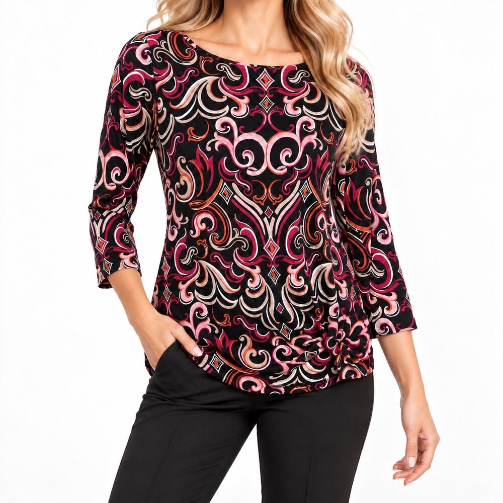 Chicos Travelers Slinky Sz SMALL US 4/6 0 Black Pink Stretchy Blouse Shirt Top
